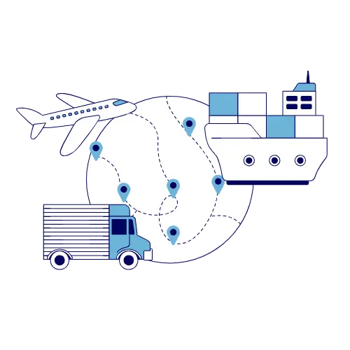 Airplane, cargo ship, and truck around a globe with location markers